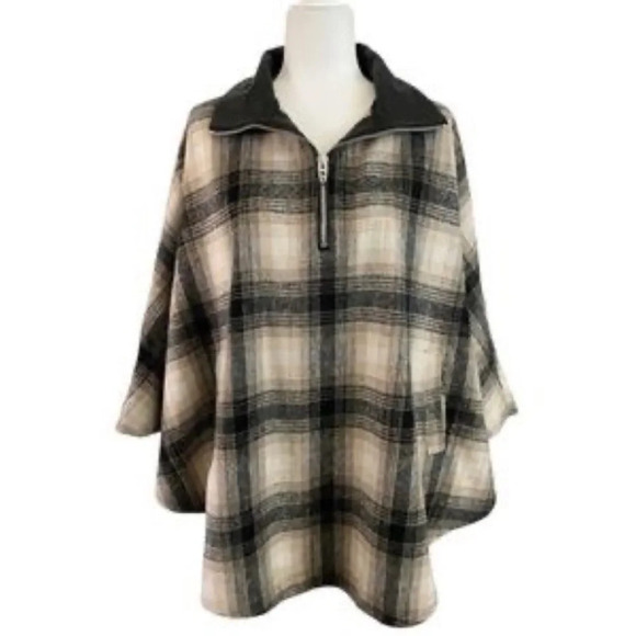 Blank NYC checked out plaid poncho cape jacket quarter zip vegan leather collar - Picture 1 of 16
